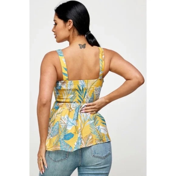 Honey Yellow Blue Tropical Floral Knotted Cami Babydoll Summer Vacation Tank Top - Picture 4 of 5